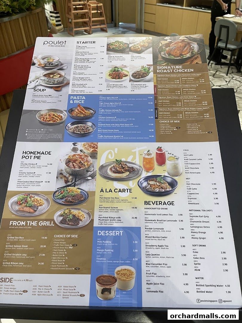 A menu from Poulet + Brasserie featuring starters, soups, pasta, roast chicken, and beverages.