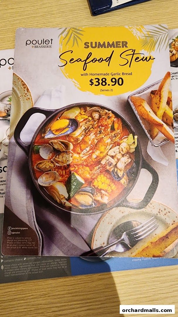 A menu featuring Poulet + Brasserie's Summer Seafood Stew with homemade garlic bread.
