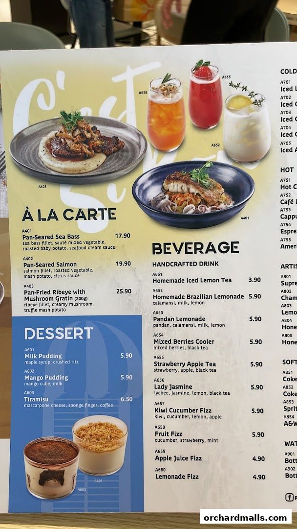 A menu from Poulet Brasserie featuring a la carte dishes, desserts, and beverages with prices.