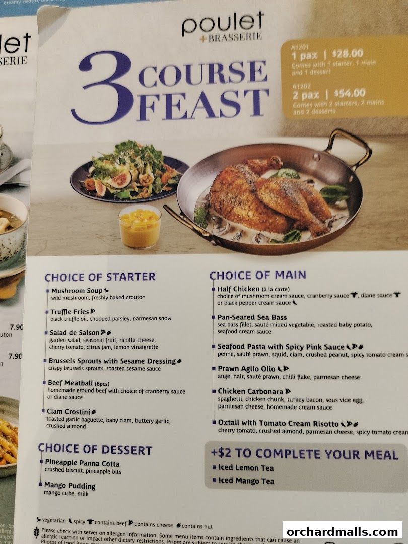 A menu for Poulet + Brasserie featuring a 3-course feast with starter, main, and dessert options.
