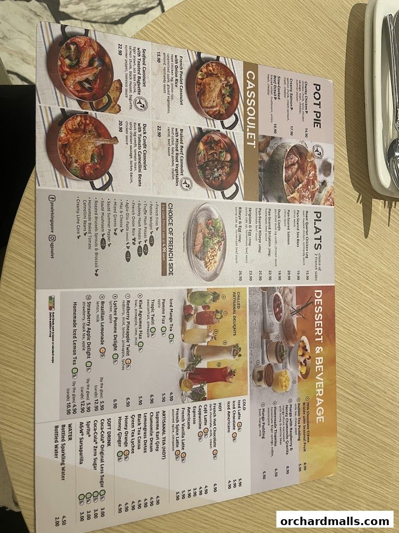 A menu from Poulet Brasserie featuring Cassoulet, Pot Pie, Plats, and Desserts & Beverages.