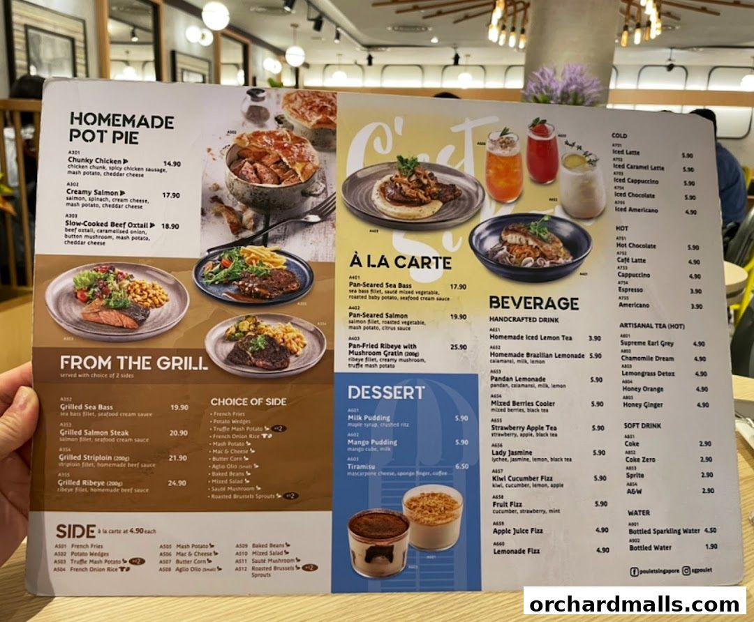 A menu from Poulet Brasserie featuring homemade pot pies, grilled items, desserts, and beverages.