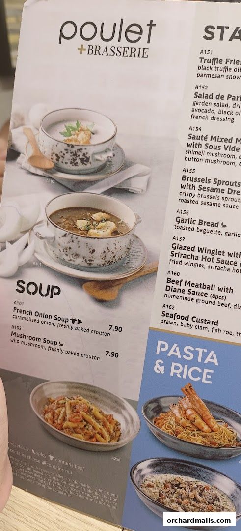 A menu from Poulet + Brasserie featuring soups, starters, and pasta dishes.