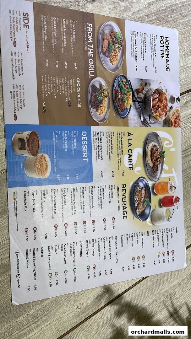 A menu from Poulet Brasserie featuring main courses, desserts, and beverages with prices.