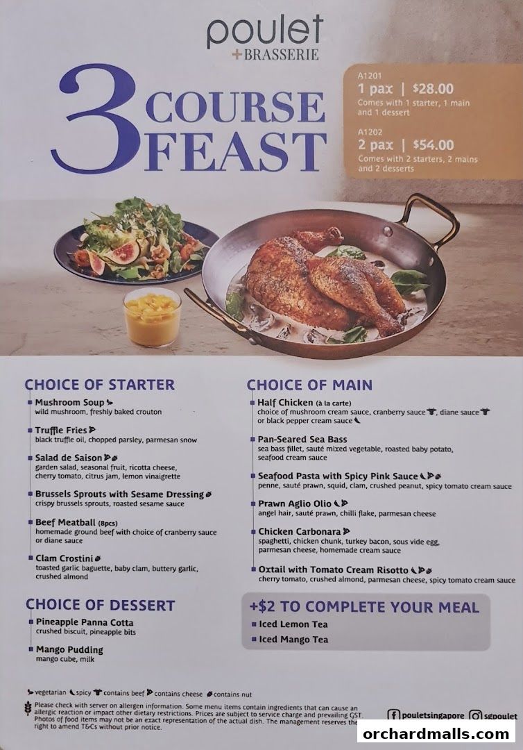 A menu for Poulet + Brasserie featuring a 3-course feast with choices of starters, mains, and desserts.