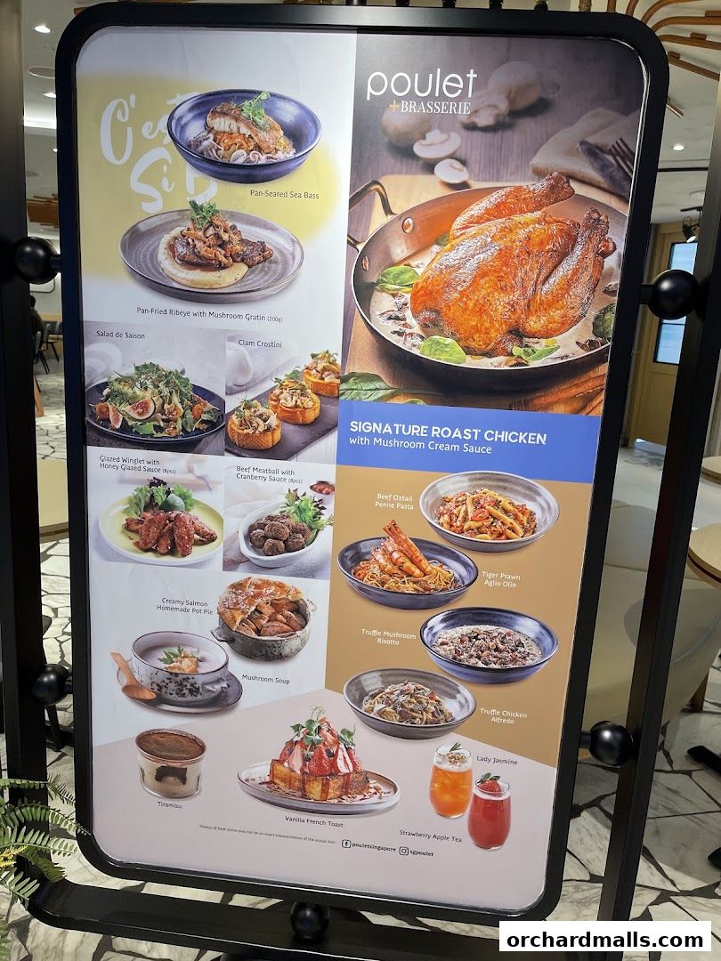 A menu board showcasing various dishes from Poulet Brasserie, including roast chicken and pasta.