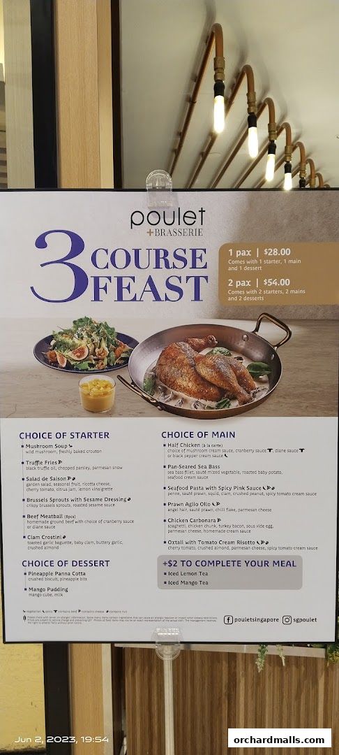 A menu for Poulet + Brasserie featuring a 3-course feast with starter, main, and dessert options.