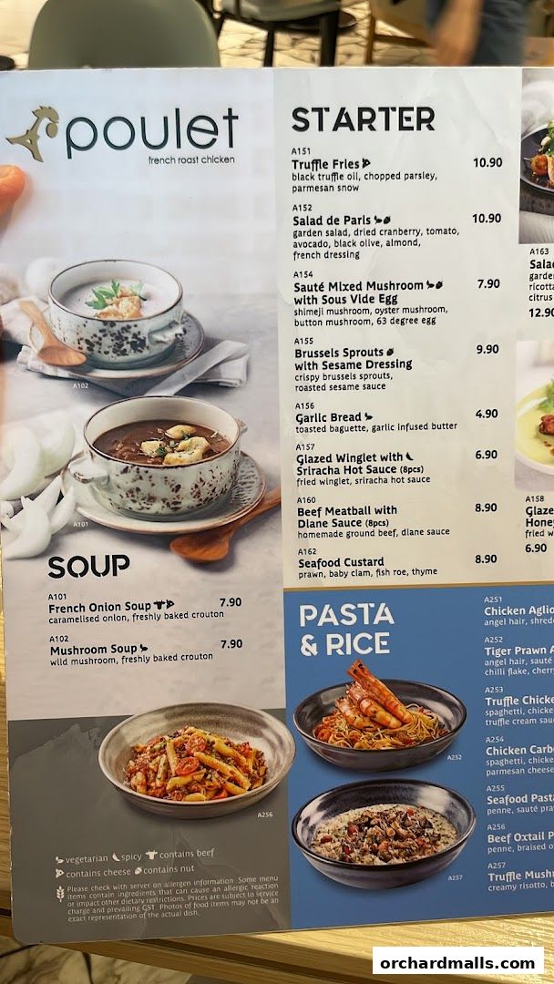 A menu from Poulet French Roast Chicken featuring starters, soups, and pasta dishes.