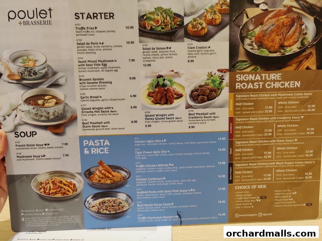 A menu from Poulet + Brasserie featuring starters, soups, pasta, rice, and signature roast chicken dishes.