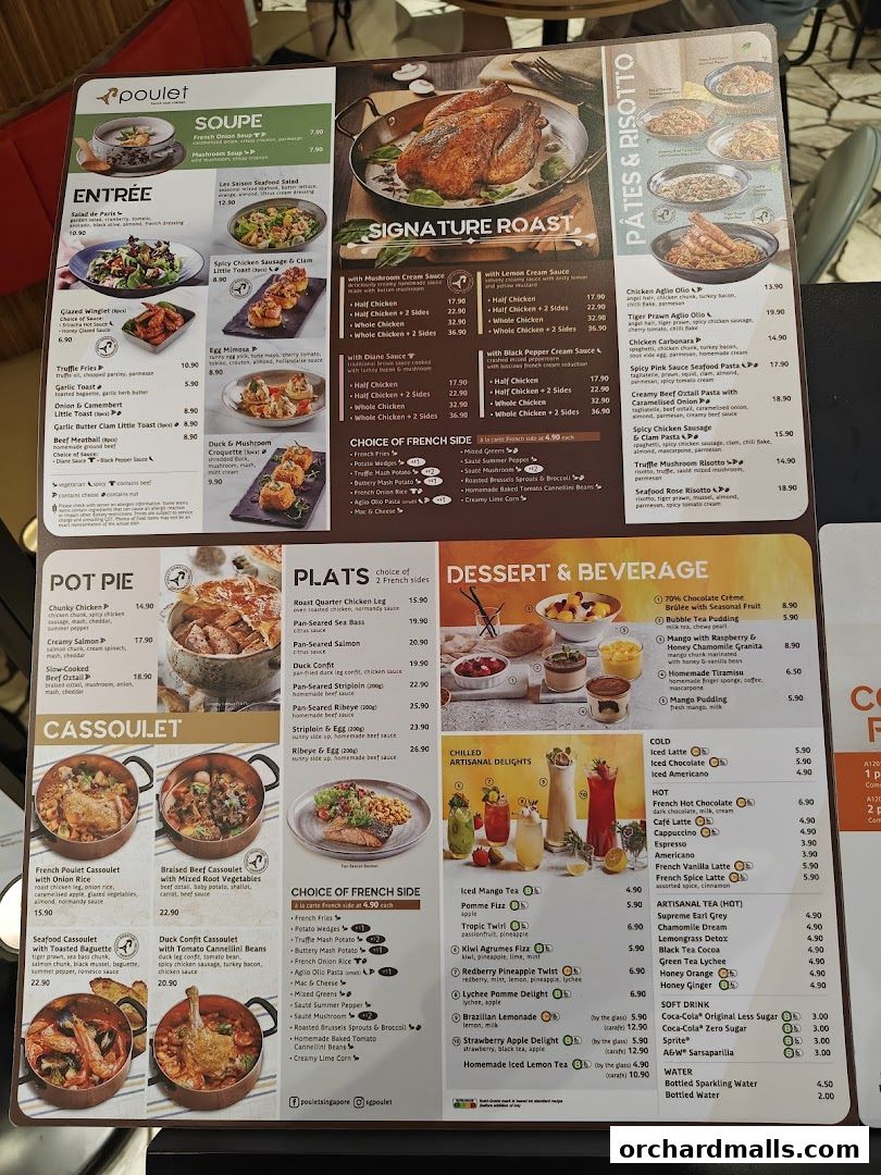 A menu from Poulet Brasserie featuring signature roasts, French sides, pasta, risotto, cassoulets, and beverages.