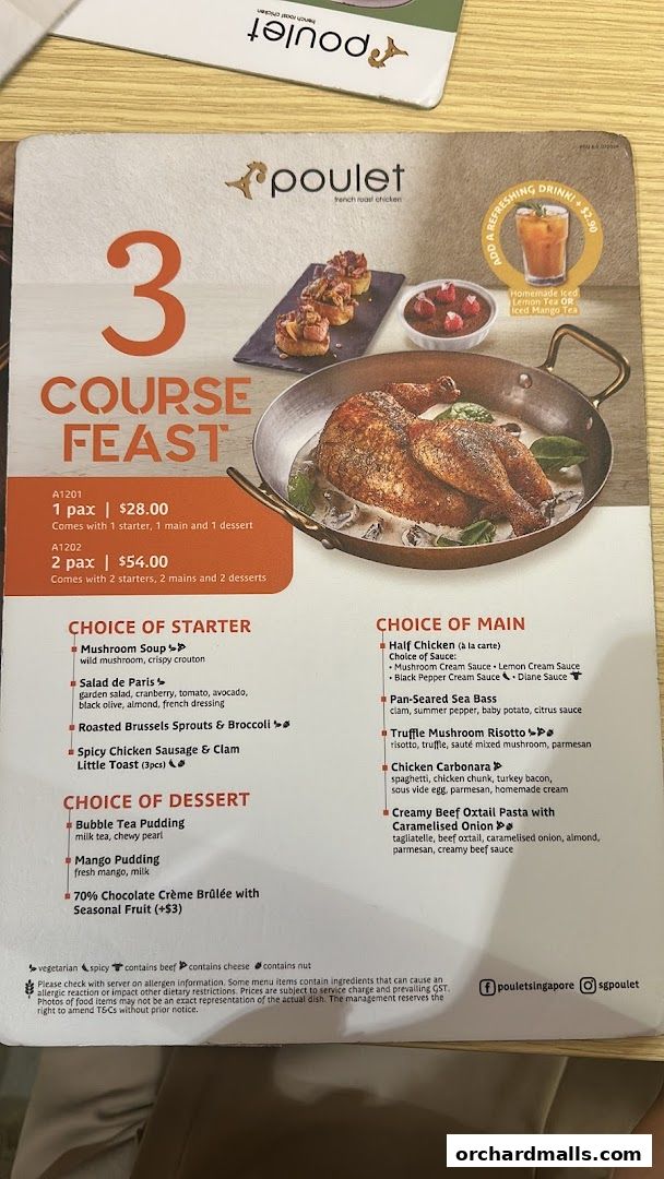 A menu from Poulet Brasserie featuring a 3-course feast with starter, main, and dessert options.
