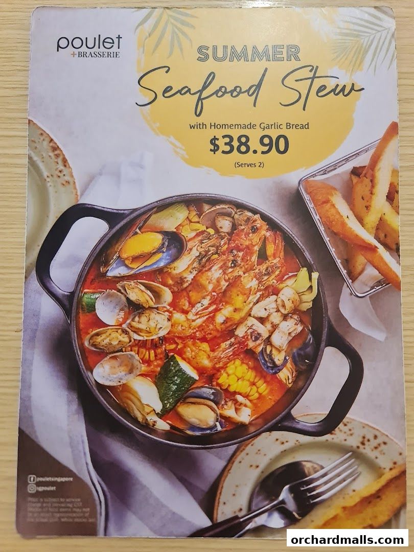 A menu featuring Poulet + Brasserie's Summer Seafood Stew with garlic bread.