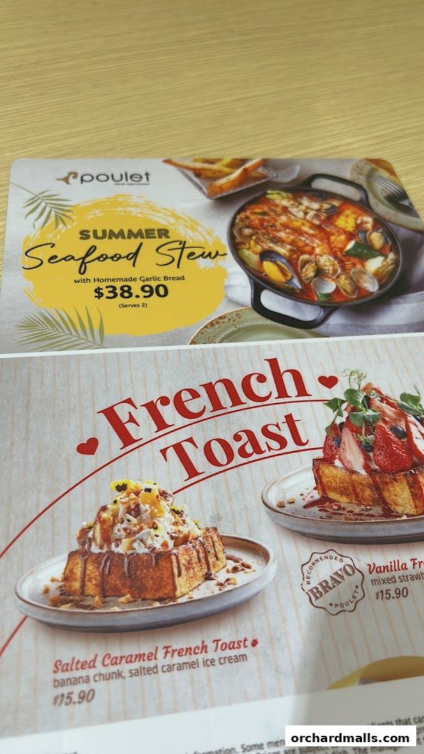 A menu featuring Poulet's Summer Seafood Stew and French Toast options.
