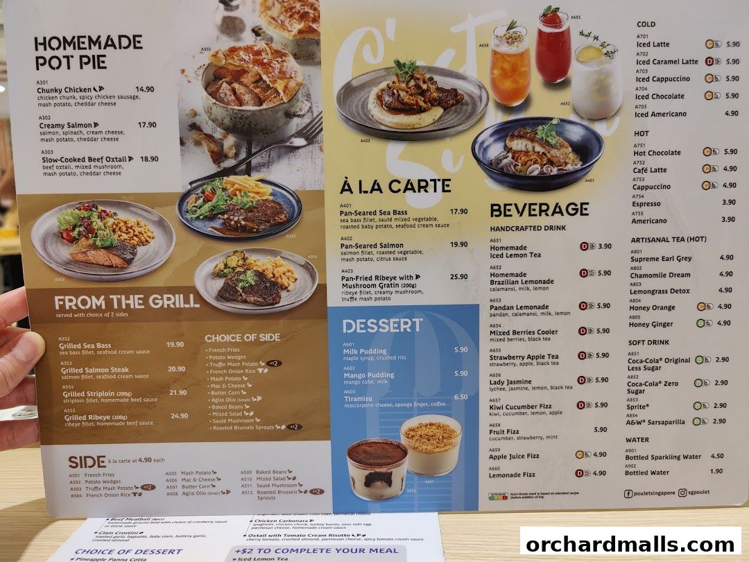 A menu from Poulet Brasserie featuring pot pies, grilled items, beverages, and desserts.