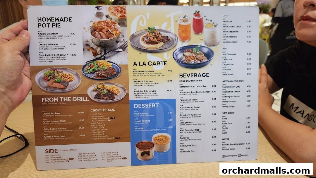 A menu from Poulet Brasserie featuring pot pies, grilled items, a la carte dishes, desserts, and beverages.