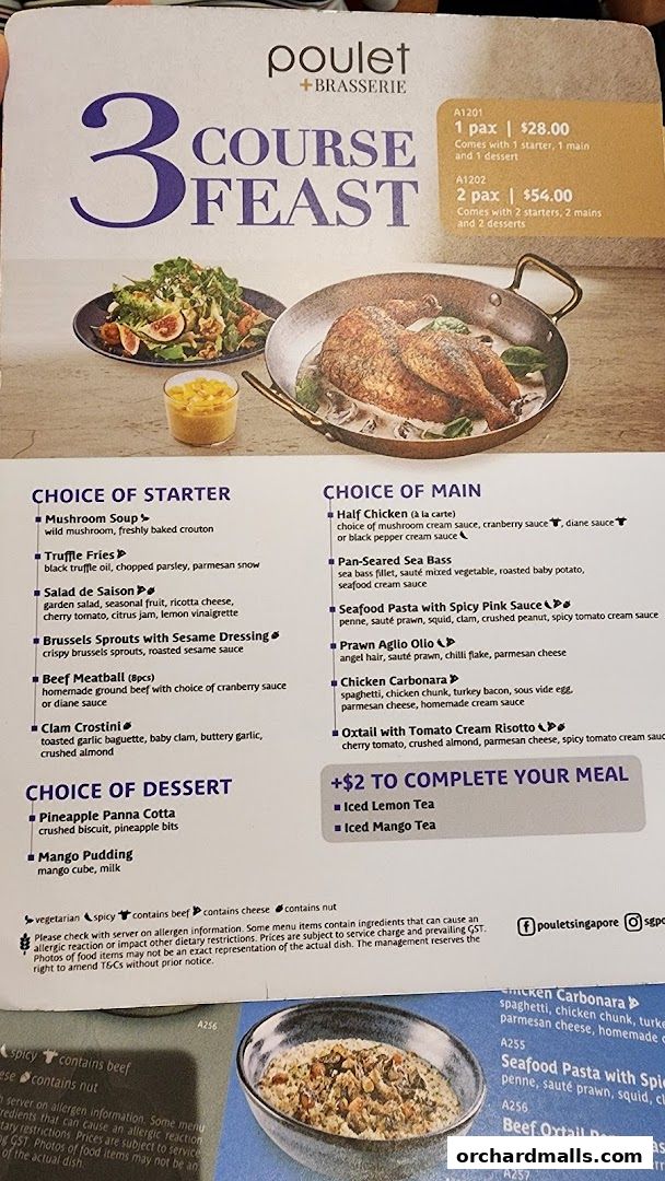 A menu for Poulet + Brasserie featuring a 3-course feast with starter, main, and dessert options.