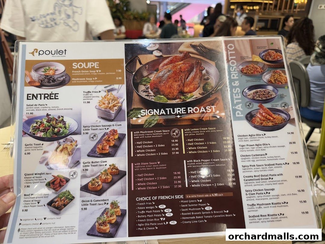 A menu from Poulet Brasserie featuring signature roasts, pasta, risotto, and French sides.