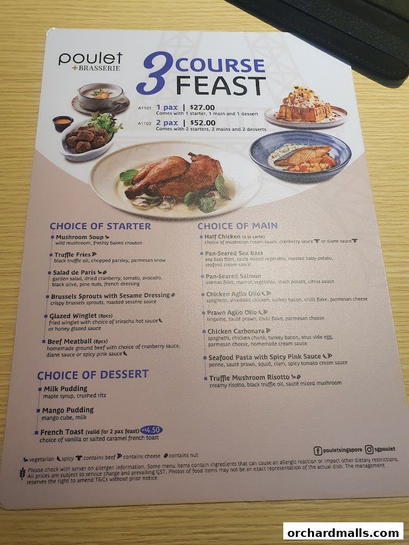 A menu for Poulet + Brasserie featuring a 3-course feast with various starter, main, and dessert options.