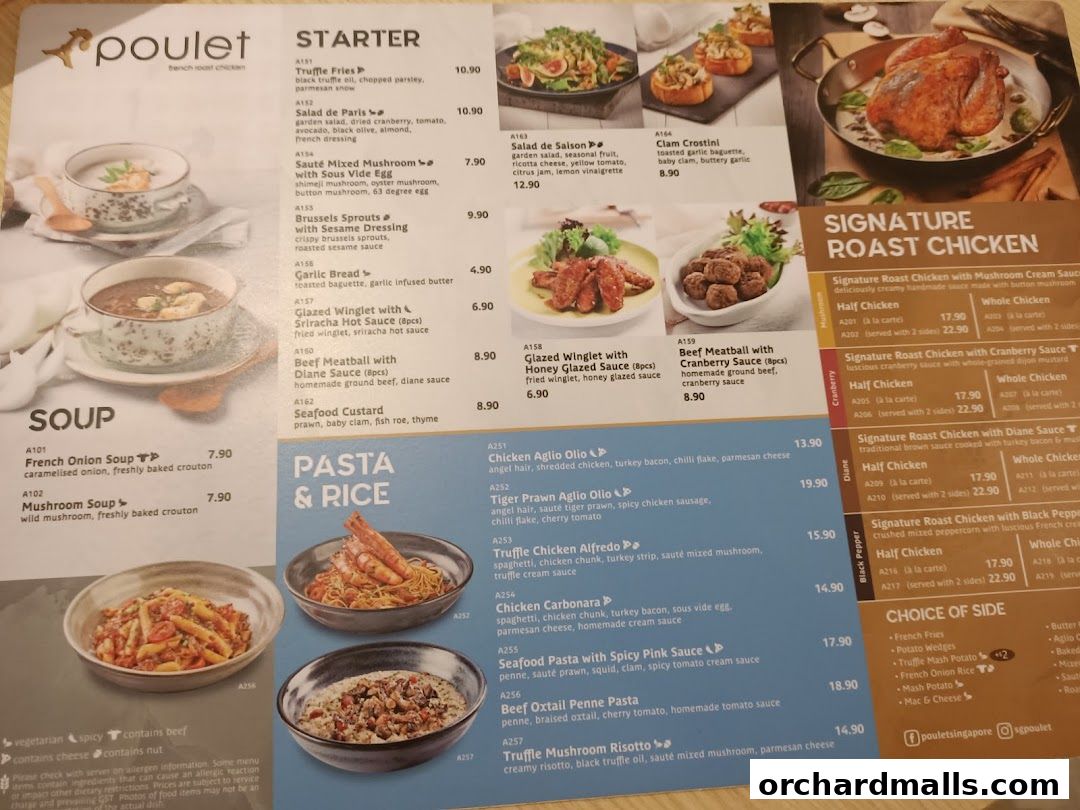 A menu from Poulet featuring starters, soups, pasta, rice, and signature roast chicken dishes.