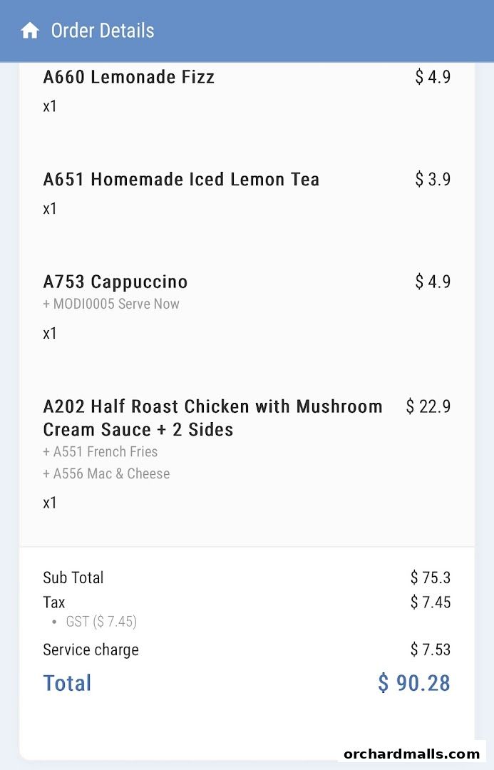 A digital order summary showing various food and drink items with prices and quantities.