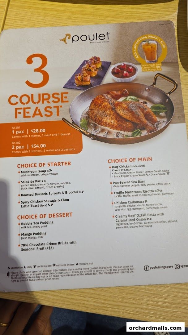A menu from Poulet Brasserie featuring a 3-course feast with choices of starters, mains, and desserts.