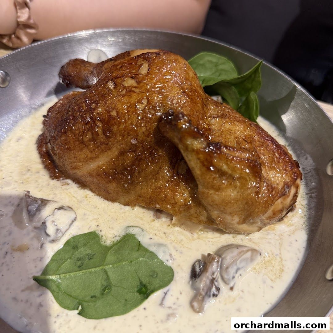 A succulent roasted chicken served in a creamy sauce with mushrooms and spinach.