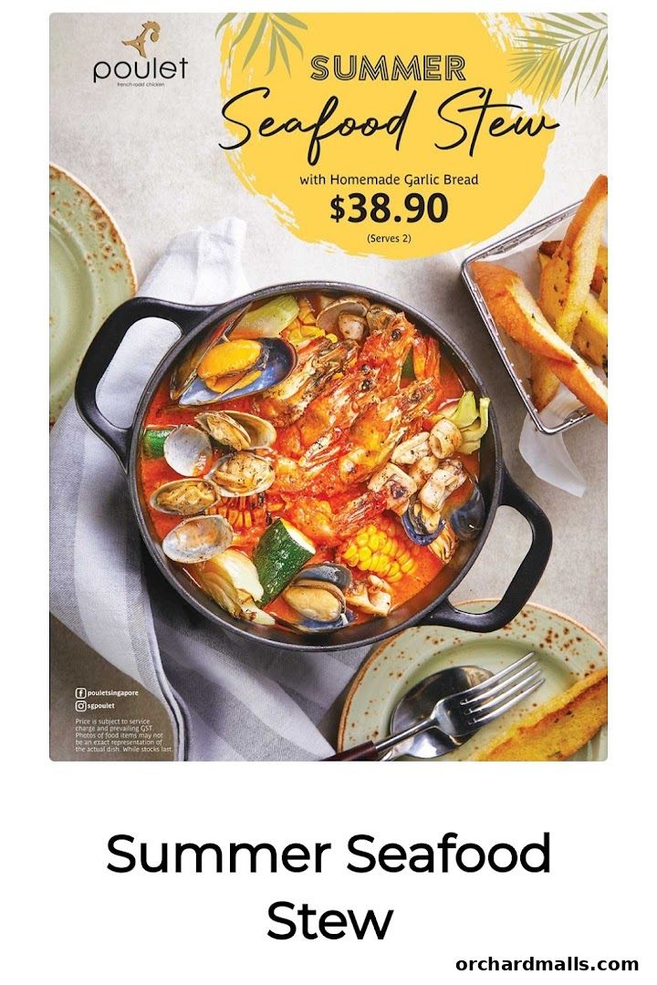 A delicious summer seafood stew served with homemade garlic bread.