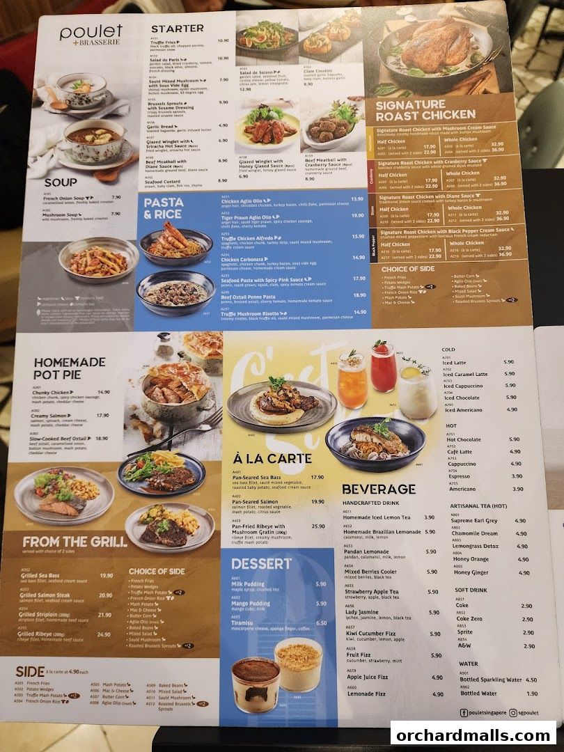 A menu from Poulet Brasserie featuring starters, soups, pasta, roast chicken, and beverages.