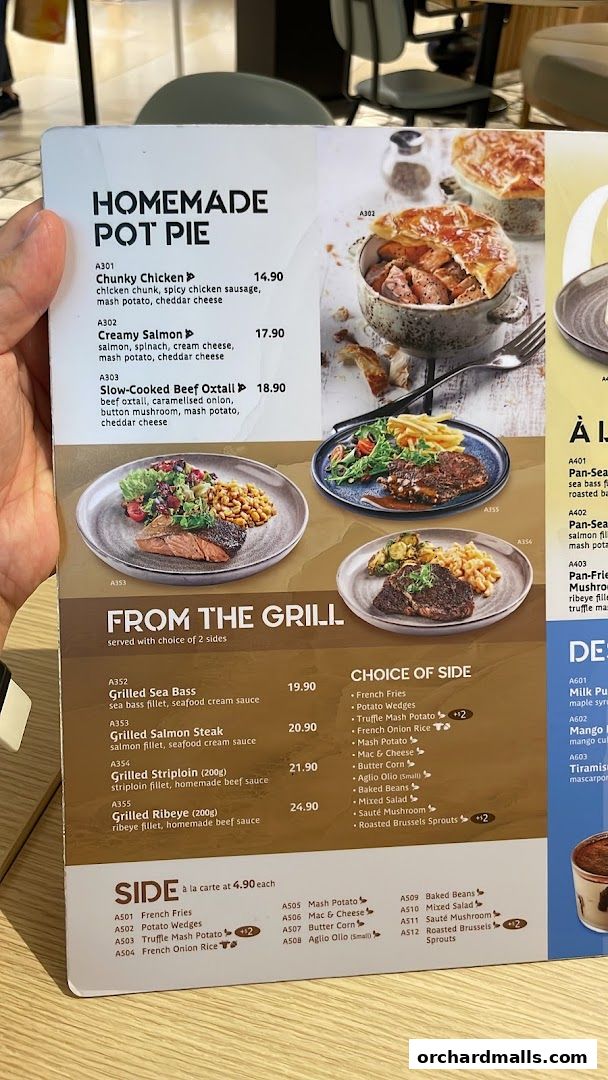 A menu from Poulet Brasserie featuring homemade pot pies and grilled dishes with side options.