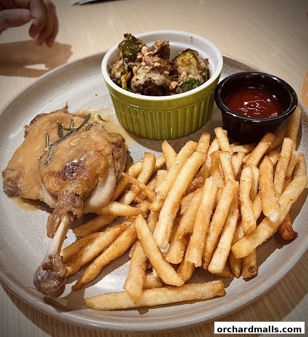 A plate of duck confit with fries, Brussels sprouts, and ketchup.