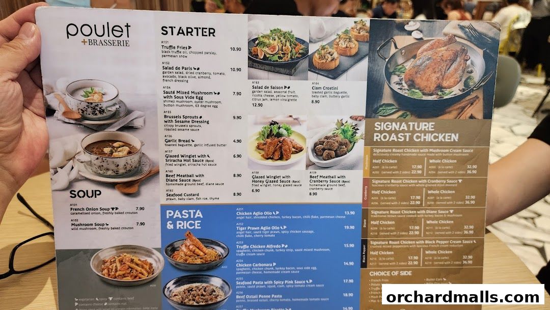 A menu from Poulet + Brasserie featuring soups, starters, pasta, rice, and signature roast chicken.