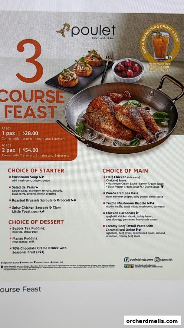 A menu for Poulet's 3-course feast featuring starters, mains, and desserts.