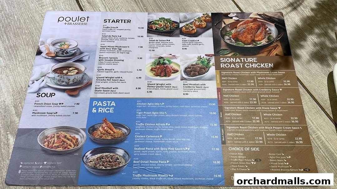 A menu from Poulet + Brasserie featuring soups, starters, pasta, rice, and signature roast chicken dishes.