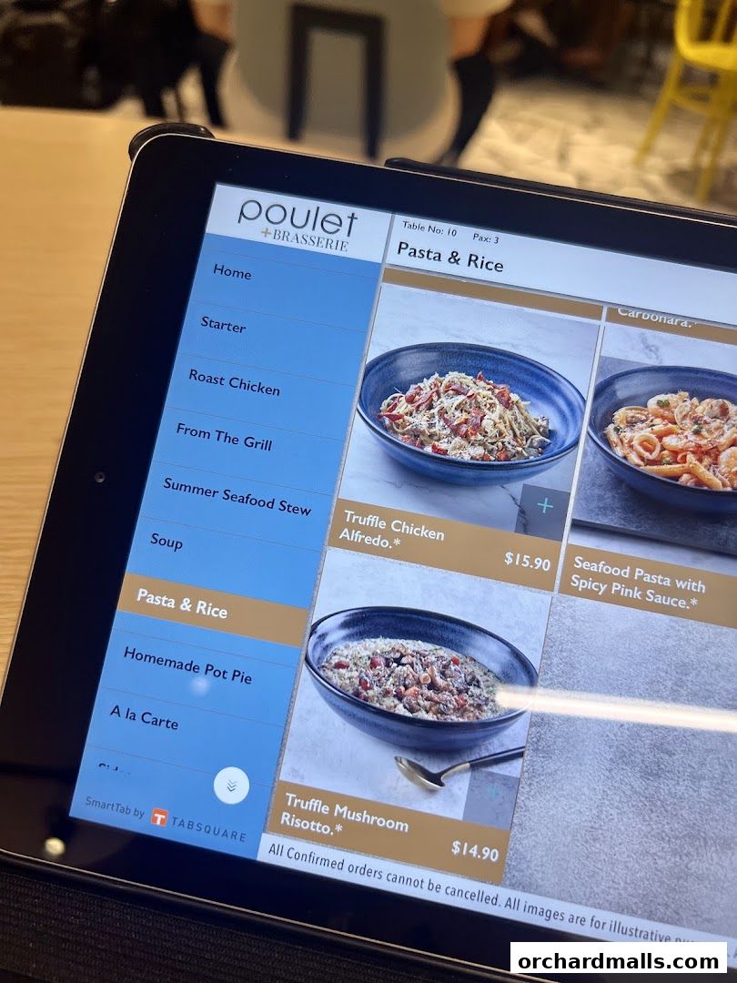 A tablet displays the menu of Poulet + Brasserie, showing pasta and rice dishes.