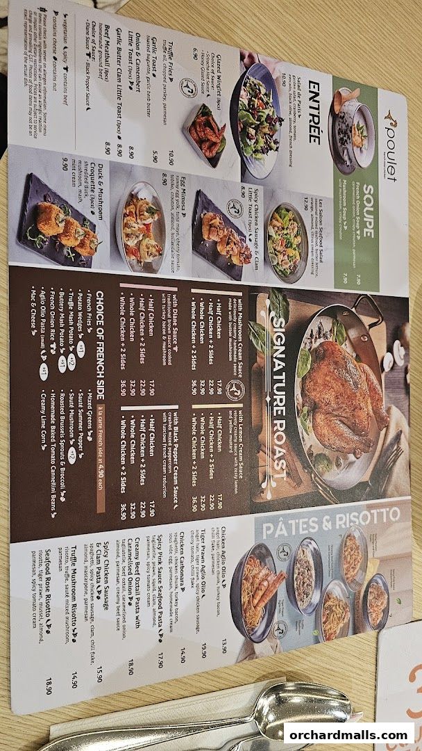 A menu from Poulet Brasserie featuring signature roasts, pastas, risottos, and French sides.