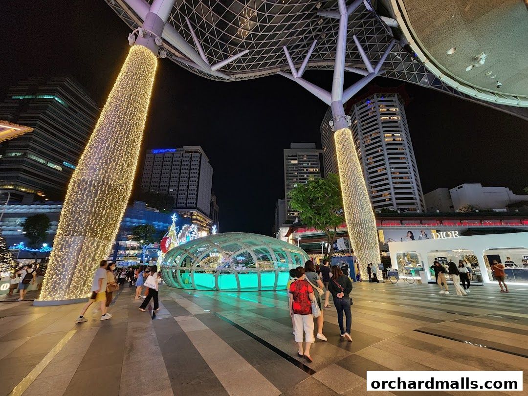 Night view of a shopping street with illuminated decorations and people walking.