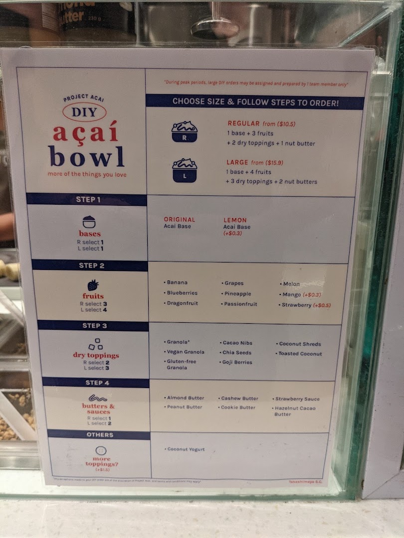 Menu page for Project Acai Ngee Ann City