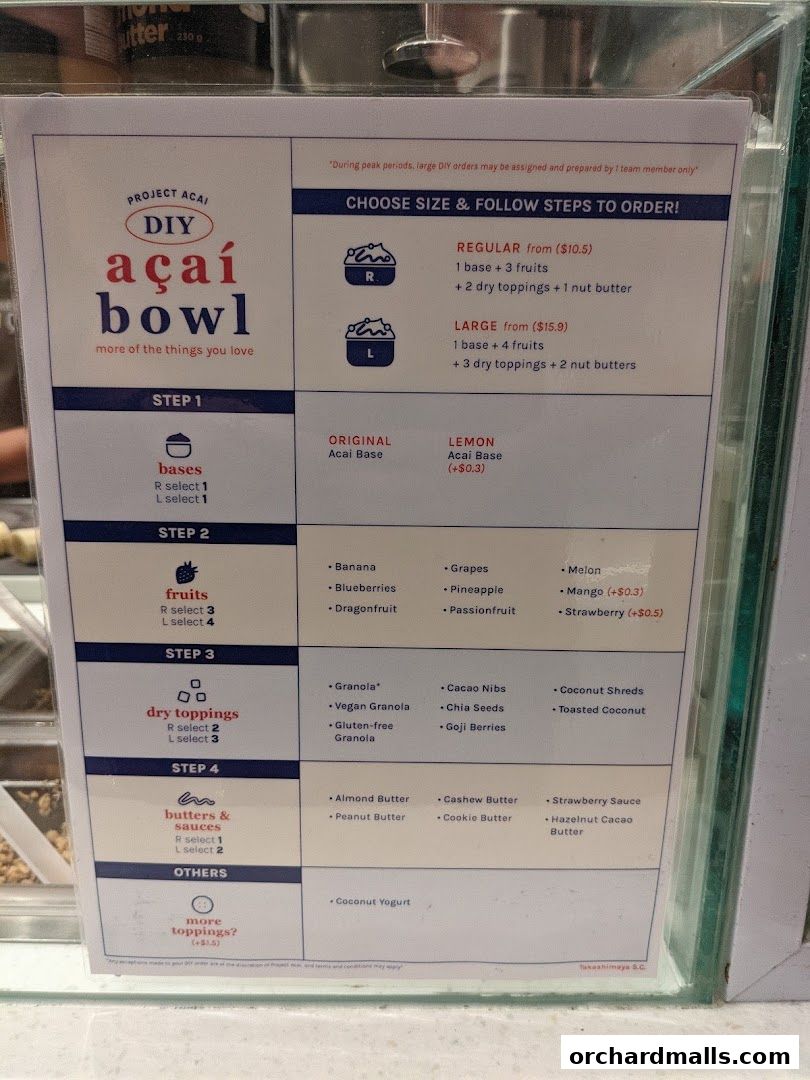 A menu for Project Acai DIY açaí bowls with customizable bases, fruits, toppings, and sauces.