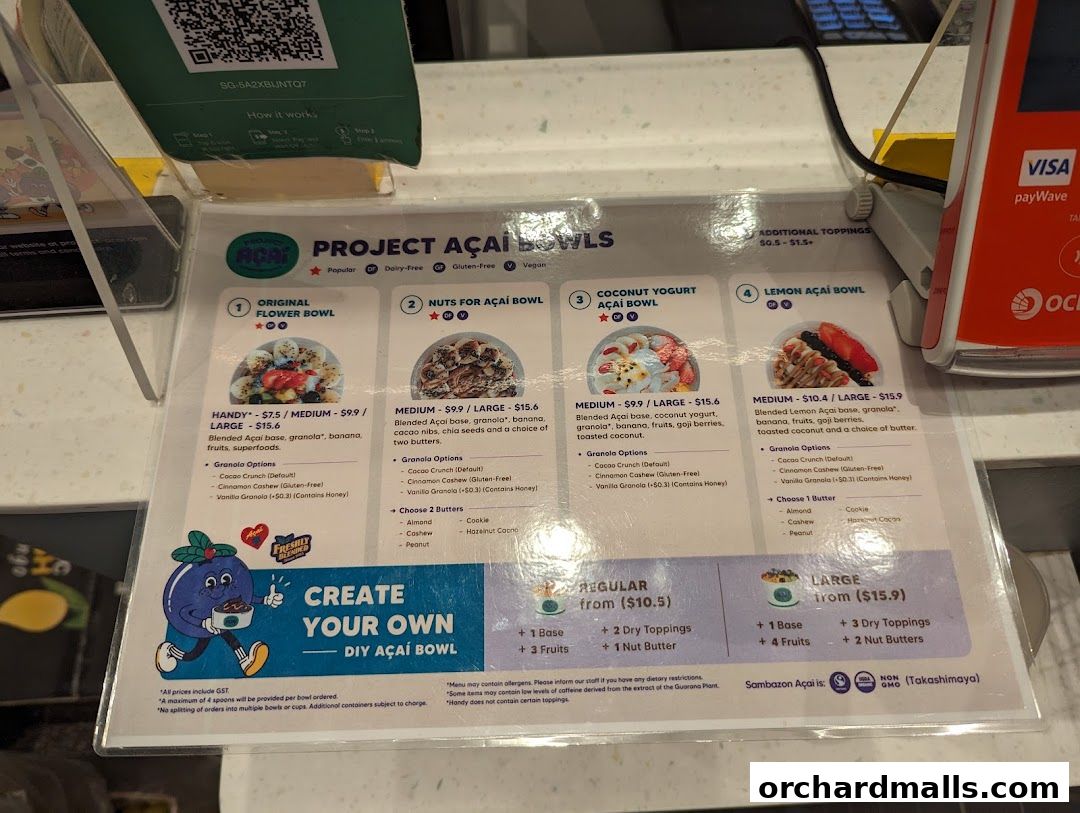 A menu board displaying various acai bowl options with prices and ingredients.