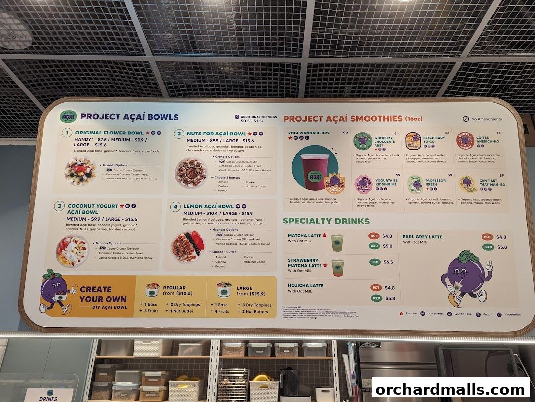 A menu board for Project Acai featuring acai bowls, smoothies, and specialty drinks.