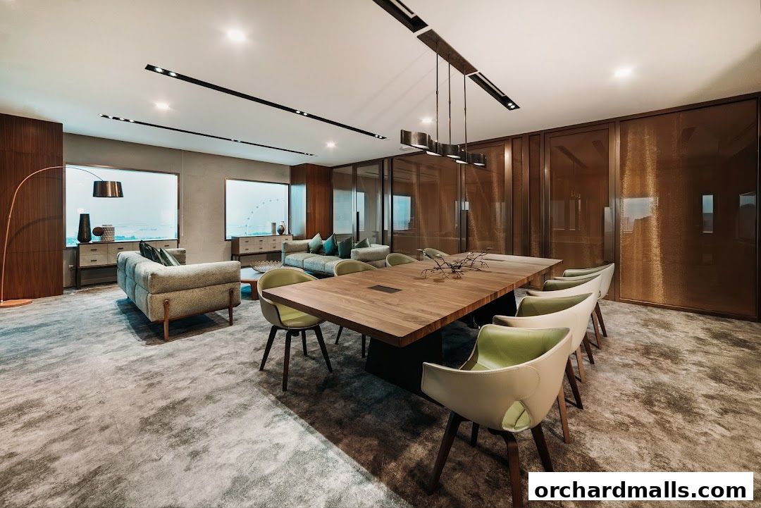 A modern conference room with a large wooden table, chairs, and sofas.
