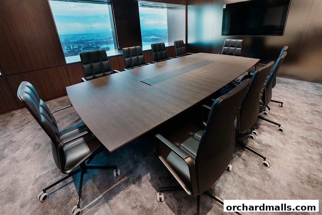 A modern conference room with a large wooden table and executive chairs, overlooking a city view.
