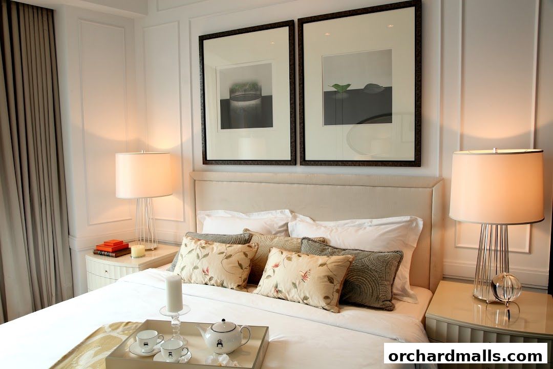 A beautifully made bed with decorative pillows, lamps, and artwork.