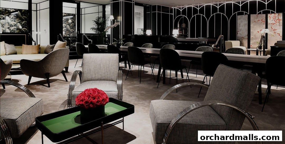 A stylish lounge area with comfortable seating, a long table, and modern decor.