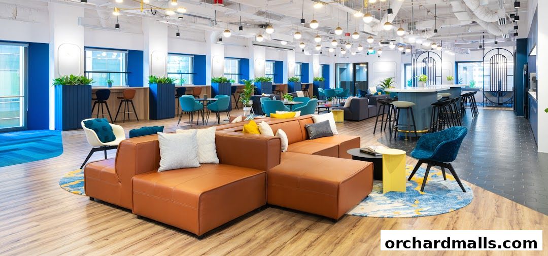 A modern and stylish co-working space with comfortable seating and vibrant decor.