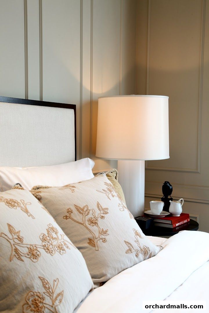 A close-up of a bed with decorative pillows, a lamp, and a small tea set on a nightstand.