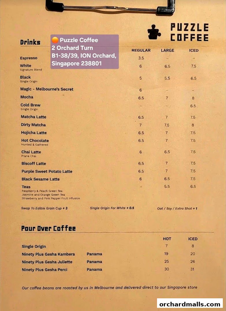 A menu from Puzzle Coffee featuring drinks and pour-over coffee with prices.