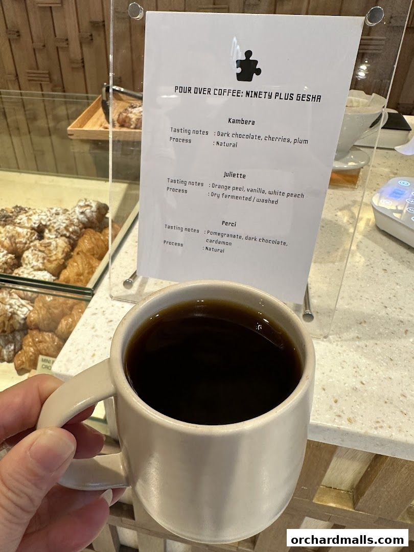 A hand holds a mug of coffee in front of a menu detailing pour-over coffee options.