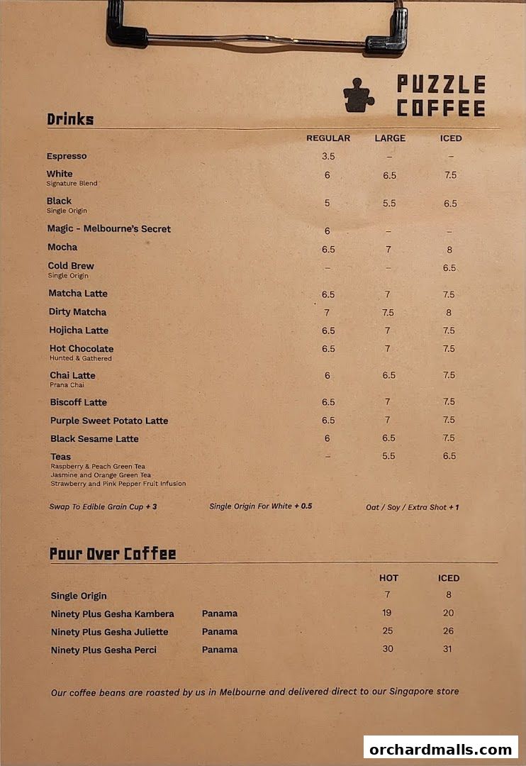 A menu for Puzzle Coffee featuring drinks like espresso, lattes, teas, and pour-over coffee.