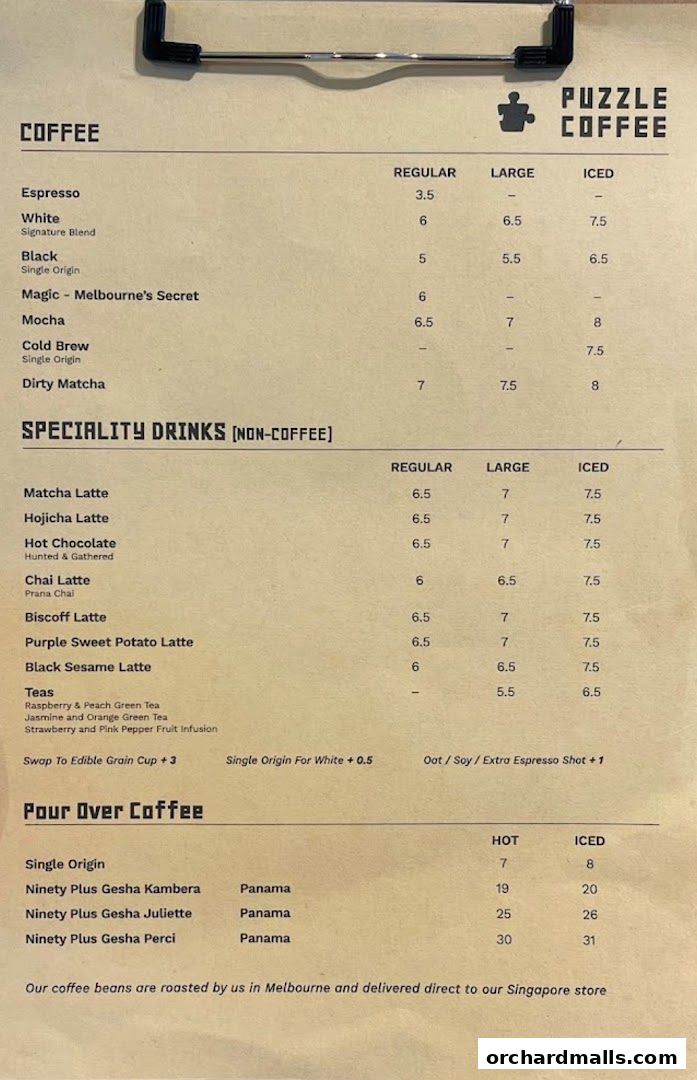 A menu for Puzzle Coffee featuring coffee and specialty drinks with prices.